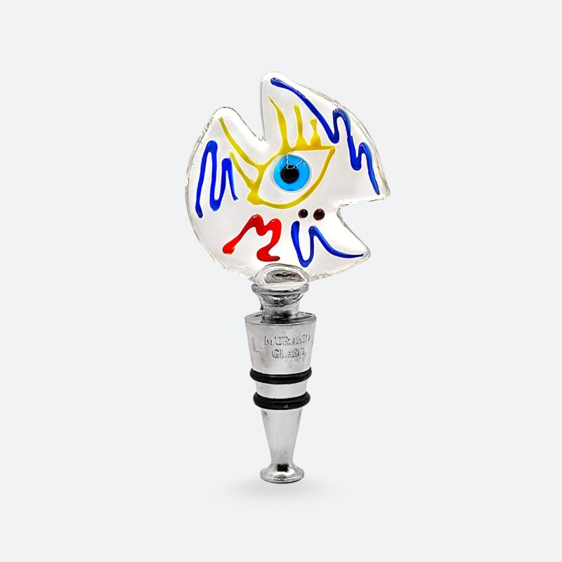 Tappo in vetro di Murano ispirato all’arte di Keith Haring. Realizzato a lume, base in metallo cromato. Iconico e moderno, 100% artigianale.