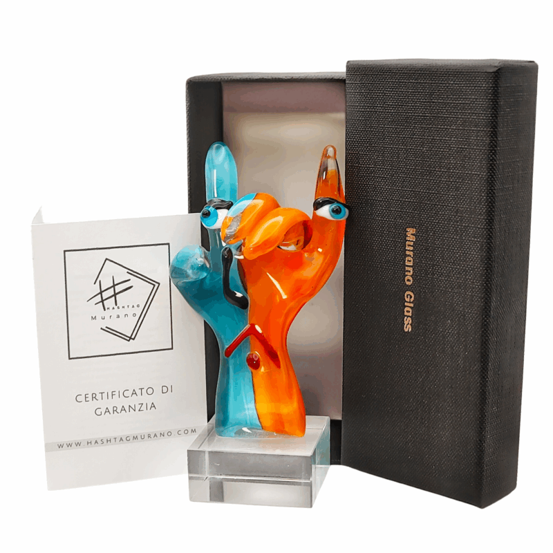 Scultura in vetro di Murano – gesto rock horns – colori arancione e azzurro – pop art artigianale