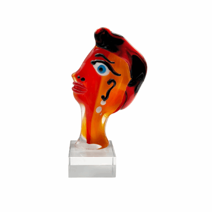 Testa rossa pop art in vetro di Murano su base trasparente