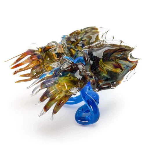 Scultura con due seppie in vetro calcedonio su base a onda in vetro di Murano acquamarina