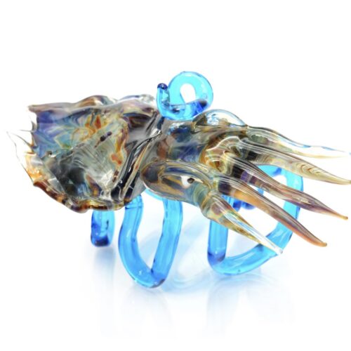 Scultura seppia in vetro calcedonio su base a onda trasparente color acqua marina – vetro di Murano