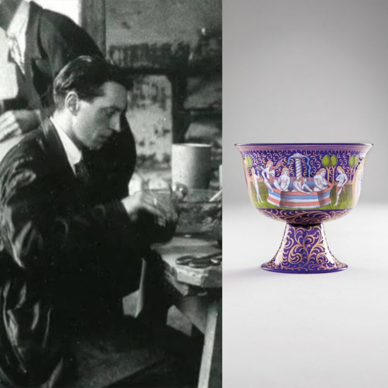 Angelo Barovier nel suo laboratorio e in fianco la coppa nuziale bellissimo esempio di arte decorativa in vetro dipinto