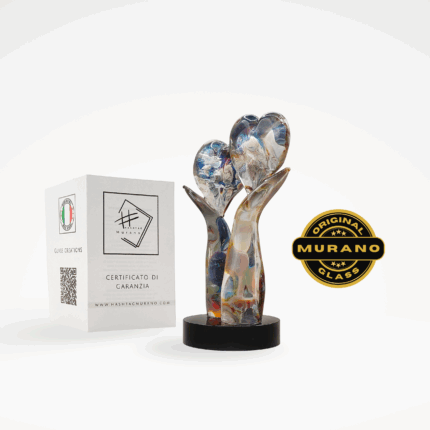 Scopri il doppio cuore in vetro calcedonio, scultura artigianale unica con certificato di autenticità, realizzata a lume a Murano.