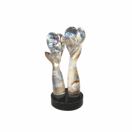 Scopri il doppio cuore in vetro calcedonio, scultura artigianale unica con certificato di autenticità, realizzata a lume a Murano.